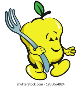 cute yellow pepper mascot vector walking with a fork