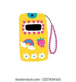 Cute yellow phone from the 2000s, music players. Vector illustration in naive hand-drawn style. With beads, keychain, stickers and strasses.