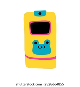 Cute yellow phone from the 2000s, music players. Vector illustration in naive hand-drawn style. Cute yellow phone.
With frog sticker