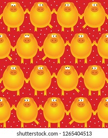 cute yellow pig on red background. Seamless pattern background, vector illustration. Happy Chinese New Year 2019 year of the pig