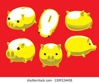 Cute Yellow Pig Six Poses Cartoon Vector Illustration