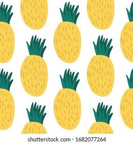 Cute yellow pineapple seamless pattern on white background. Hand drawn summer colorful tropical textile print. Endless fruits vector texture. Design for fabric, textile print, wrapping paper, cover.