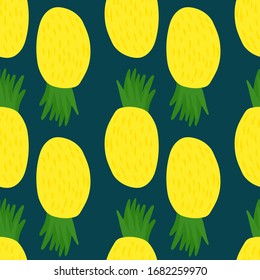 Cute yellow pineapple seamless pattern on dark background. Hand drawn summer colorful tropical textile print. Endless fruits vector texture. Design for fabric, textile print, wrapping paper, cover.