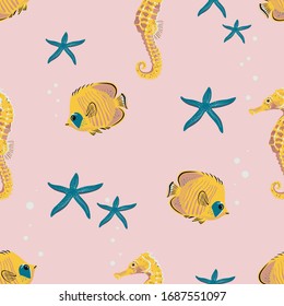 Gelbe rosa Muster mit Seepferden, Fischen und Seestern. Nahtlose Muster des Meeres. moderne Vektorillustration