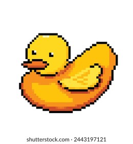 Cute yellow plastic rubber duck bath toy for children or baby. Pixel art retro vintage video game bit vector illustration isolated on square white background.