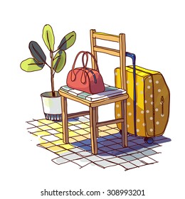 Cute yellow polka dot suitcase and red bag. To travel ready. Vector hand-drawn illustration.