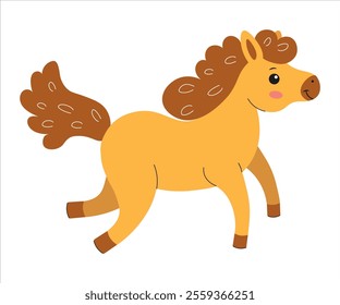 Cute yellow pony with brown mane happily trotting on a white background