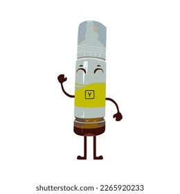 Ilustración vectorial del personaje de la botella de tinta amarilla de la impresora, tinta de cmyk, en estilo de diseño de moda de dibujos animados planos. Botellas de tinta resistentes a derrames. ecotank. Recursos gráficos editables para muchos fines.