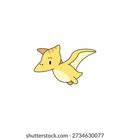 Cute yellow pterodactyl flying, adorable cartoon pterosaur character, flat vector illustration isolated on white background