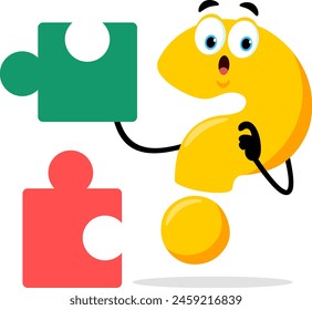 Cute Yellow Question Mark Cartoon Character With Puzzle Piece. Vector Illustration Flat Design Isolated On Transparent Background