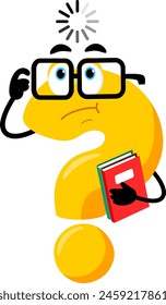 Cute Yellow Question Mark Cartoon Character Holding A NoteBooks And Thinks. Vector Illustration Flat Design Isolated On Transparent Background