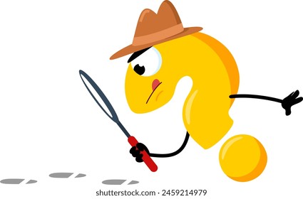 Cute Yellow Question Mark Detective Cartoon Character With Magnifying Glass Following A Clues. Vector Illustration Flat Design Isolated On Transparent Background