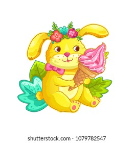 Cute yellow rabbit with ice cream. Can be used for baby t-shirt print, fashion print design, kids wear, baby shower celebration greeting and invitation card.