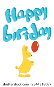 Cute yellow rabbit with a red balloon. Happy Birthday greeting card with sweet hand drawn bunny