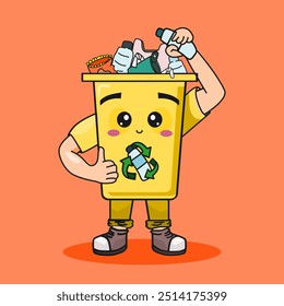 Cubo de reciclaje amarillo lindo para el personaje de dibujos animados de basura de plástico aislado sobre fondo naranja