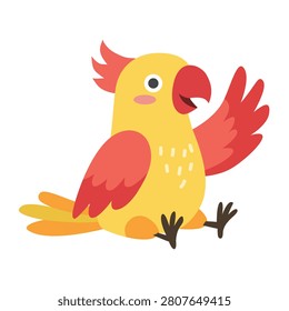 Cute yellow and red parrot sitting vector illustration. Funny sitting tropical bird clipart isolated on white background