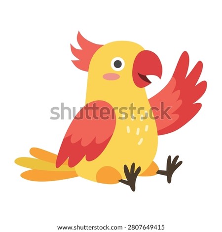 Cute yellow and red parrot sitting vector illustration. Funny sitting tropical bird clipart isolated on white background