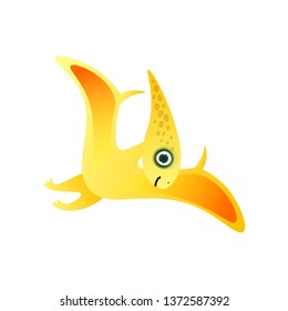 Cute yellow red pterodactyl dinosaur in air flying
