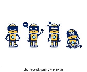 Cute-gelbe Retro-Roboter AI Vektorgrafik-Maskottchen-Set