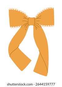 Cute yellow ribbon bow with pearls. Flat vector illustration.