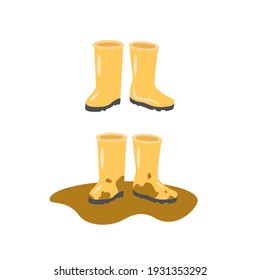 Cute yellow rubber boots with black soles are clean and shining, while others are all in the mud and in a puddle