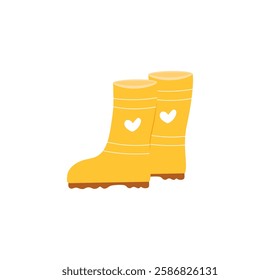 Cute yellow rubber boots isolated on white background. Hand drawn flat cartoon vector illustration. Rain boots. Waterproof footwear