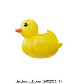 Estilo 3D de juguete de bebé de pato de caucho amarillo lindo, ilustración vectorial aislada en fondo blanco. Elemento de diseño decorativo, ave de baño divertida, juguete infantil para bañarse