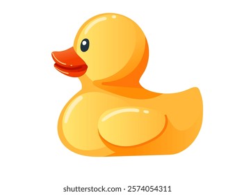 Cute yellow rubber duck. Cartoon child toy for bath. Side view. Vector illustration isolated on white background