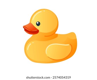 Cute yellow rubber duck. Cartoon child toy for bath. Side view. Vector illustration isolated on white background