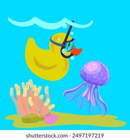 Cute yellow rubber duck diving underwater and looking at jellyfish. Concept on the theme of of summer holidays or vacation. Outdoor recreation near the water. Underwater world and marine life.