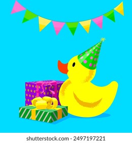 Pato de goma amarillo lindo vestido con una gorra de fiesta celebra el cumpleaños con regalos y cadena de banderines triangulares. Aniversario, feriado, fiesta. Disfrutando del Festiva. Ilustración vectorial.