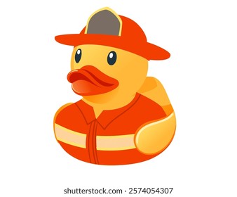 Cute yellow rubber duck. Duck dressed as a firefighter with red special uniform and hat. Cartoon child toy for bath. Vector illustration isolated on white background