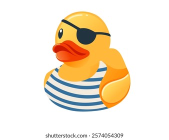 Cute yellow rubber duck. Duck dressed as a sailor, striped shirt and eyepatch. Cartoon child toy for bath. Vector illustration isolated on white background