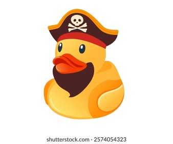 Cute yellow rubber duck. Duck dressed as a pirate captain, hat with skull and bones. Cartoon child toy for bath. Vector illustration isolated on white background