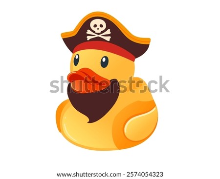 Cute yellow rubber duck. Duck dressed as a pirate captain, hat with skull and bones. Cartoon child toy for bath. Vector illustration isolated on white background