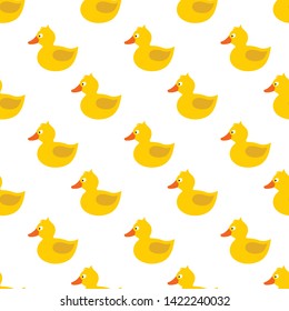 Cute yellow rubber duck with eye, orange beak, tale, wing, without paws, topknot, crest. Vector seamless pattern. Customized fun background. For cards, baby shower, celebration, paper, book cover.