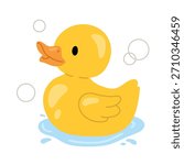 Cute yellow rubber duck floating in water with soap bubbles. Adorable bath-time illustration for childrens products, nursery decor, educational materials and kid-friendly designs.