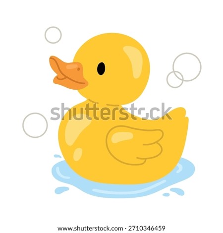 Cute yellow rubber duck floating in water with soap bubbles. Adorable bath-time illustration for childrens products, nursery decor, educational materials and kid-friendly designs.