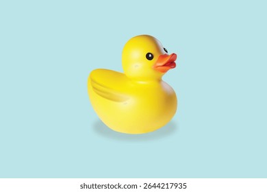 Pato de borracha amarelo bonito isolado no fundo azul. Ideal para banho, crianças e projetos com tema de brinquedos.