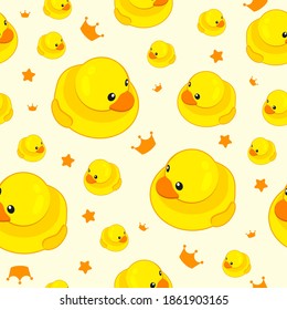 Ilustración de vectores de patrón sin soldadura de pato de goma amarilla.  Pato inflable sobre fondo amarillo suave