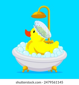 Lindo pato de goma amarillo toma un baño de espuma en un gorro de ducha de lunares. El concepto es sobre el tema de descanso y relajación, tratamientos de SPA. Tiempo pasado con placer en casa. Ilustración vectorial.