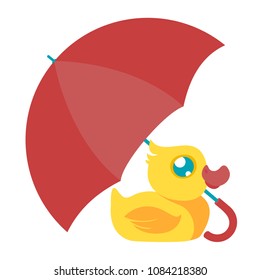 Cute yellow rubber duck under bright red umbrella on white background. Flat style illustration. Editable vector graphics saved in EPS 8.