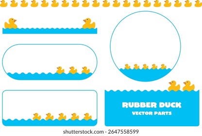 Vetor de pato de borracha amarelo bonito conjunto com peças decorativas, quadros, bordas e elementos de superfície de água para bebê, higiene, tempo de banho, puericultura, brinquedos e design divertido