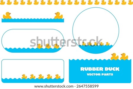 Cute yellow rubber duck vector set with decorative parts, frames, borders, and water surface elements for baby, hygiene, bath time, childcare, toys, and playful design