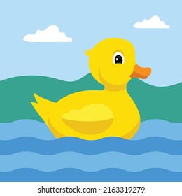 cute yellow rubber duck in water, nature landscape background, vector illustration