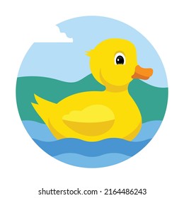 cute yellow rubber duck in water, nature landscape background, vector illustration