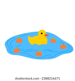 Cute yellow rubber duck in water with tangerines vector illustration