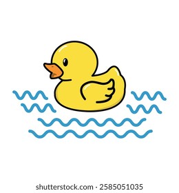 Cute yellow rubber duck with wave doodle