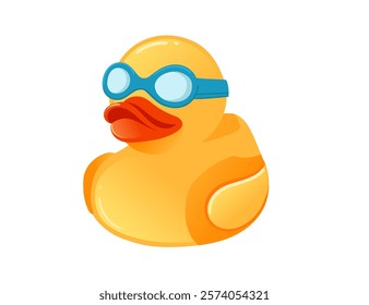 Cute yellow rubber duck wearing blue swim goggles. Sport swimming theme. Cartoon child toy for bath. Vector illustration isolated on white background