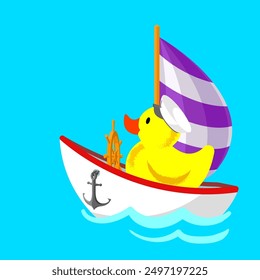 Das süße gelbe Gummiduckling ist Kapitän einer Segelyacht. Konzept zum Thema Sommerferien oder Urlaub und Reisen. Freizeit in der Nähe des Wassers. Vektorgrafik.